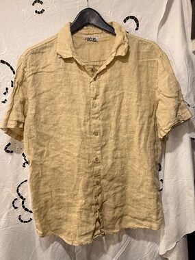 Focus Women's Short-Sleeve Button-Down Italian 100% linen Shirt in Light Tan XL